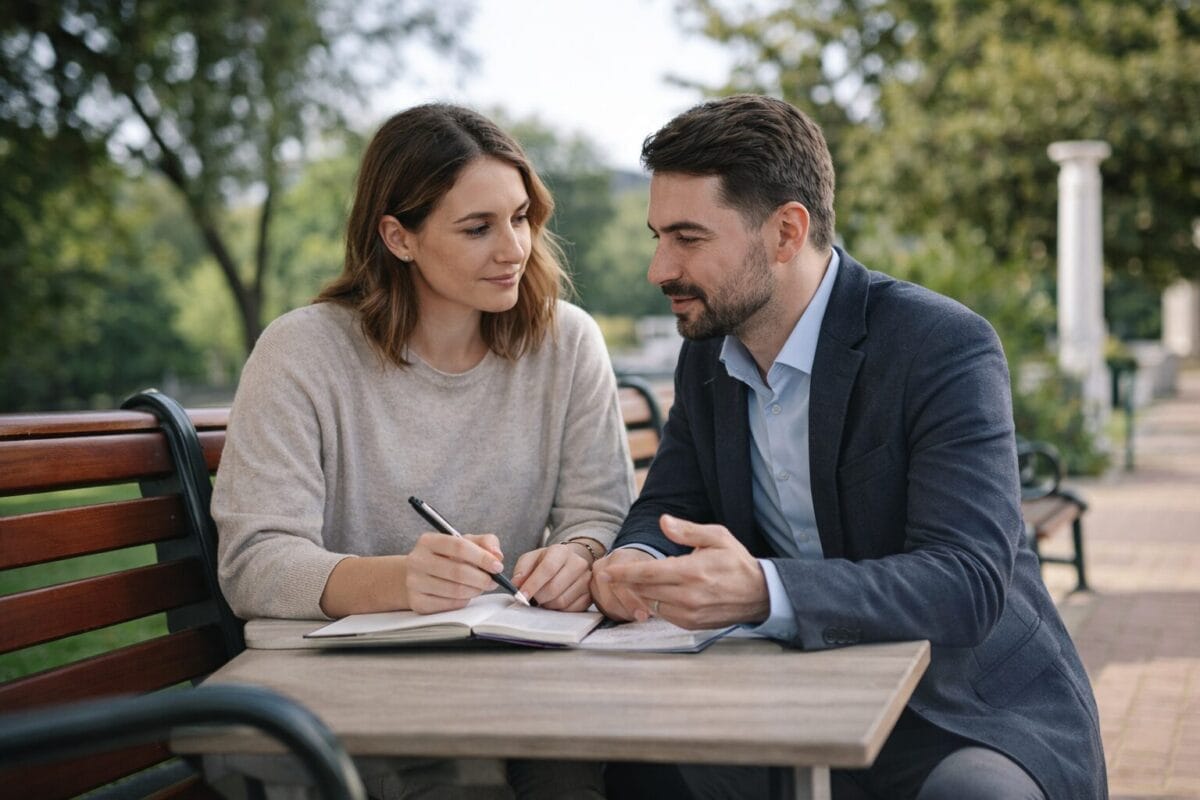 Teilnehmende im AVGS-Einzelcoaching im Gespräch mit Coach zur Klärung von Zielen, Stärken und beruflicher Perspektive